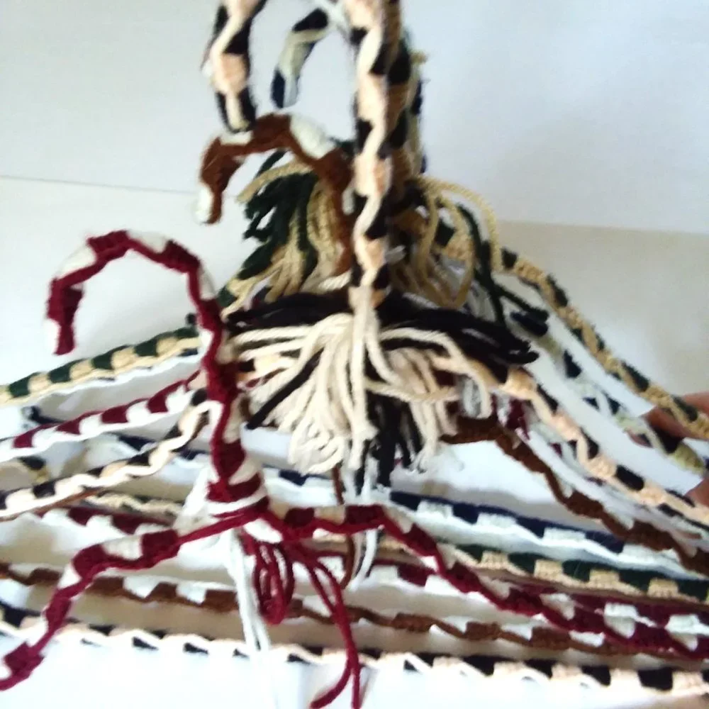 6 VTG 70s Crocheted Hangers Pom Poms Handmade Metal Boho Retro Granny Knit